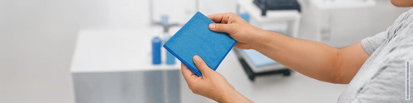 Person hält ein gefaltetes, blaues Microfasertuch in der...