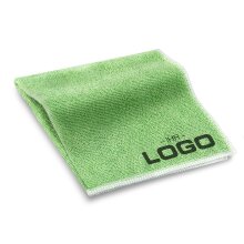 Gefaltetes grünes Microfasertuch mit weißem Saum und aufgedrucktem Ihr Logo-Platzhalter.