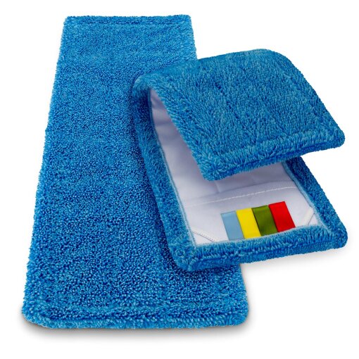 Zwei blaue Microfaser Wischmopps mit einer Farbcodierung
