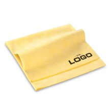 Gelbes Autoabledertuch mit Logodruck. Das Autotuch hat eine sehr glatte Oberfläche.