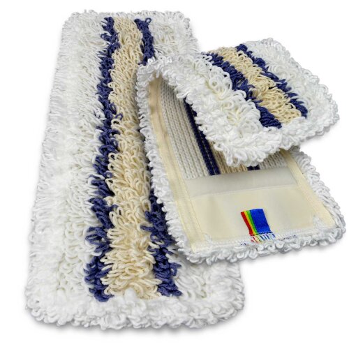 Zwei Klinik-Schlingen-Wischmopps mit einem beigen Streifen und zwei blauen Streifen. Der Mopp hat zahlreiche Schlingen.