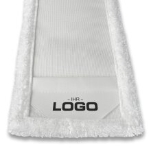 Weiße Rückseite eines Soft-Microfaser Wischmopps mit Mopptaschen und einem Logo-Druck