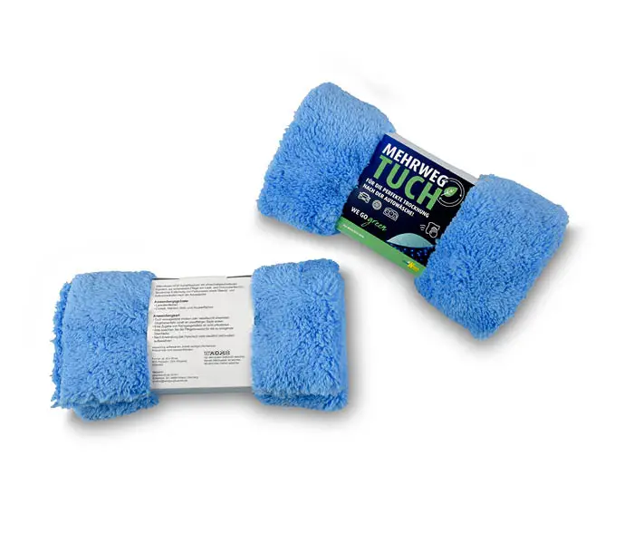 HFX®-Basic Auto-Poliertuch in Blau mit individuell gestalteter Banderole der Waschstraße Schmitt, Vorder- und Rückseite