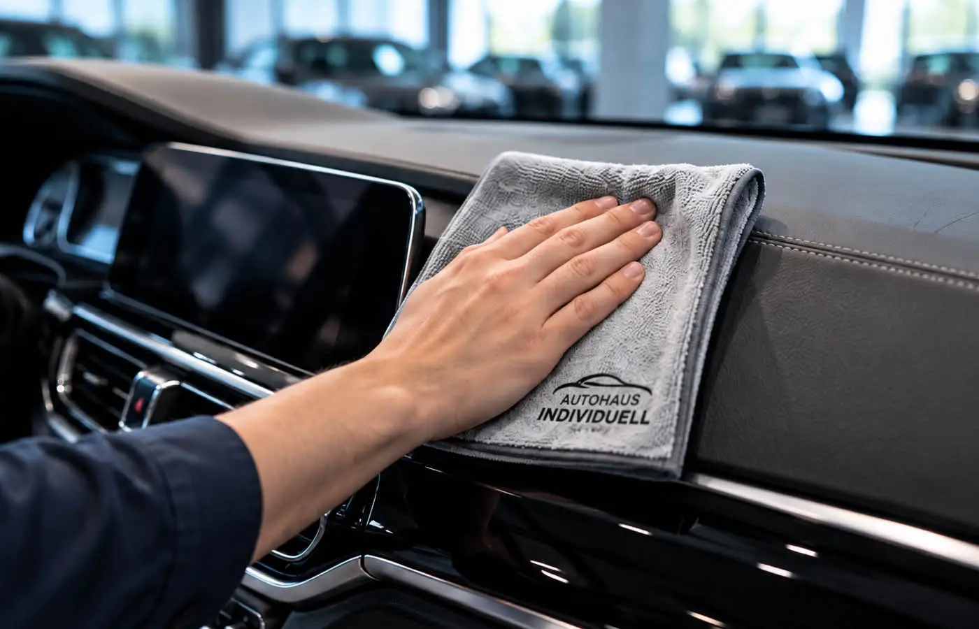 Hand reinigt das Armaturenbrett mit bedrucktem Microfasertuch
