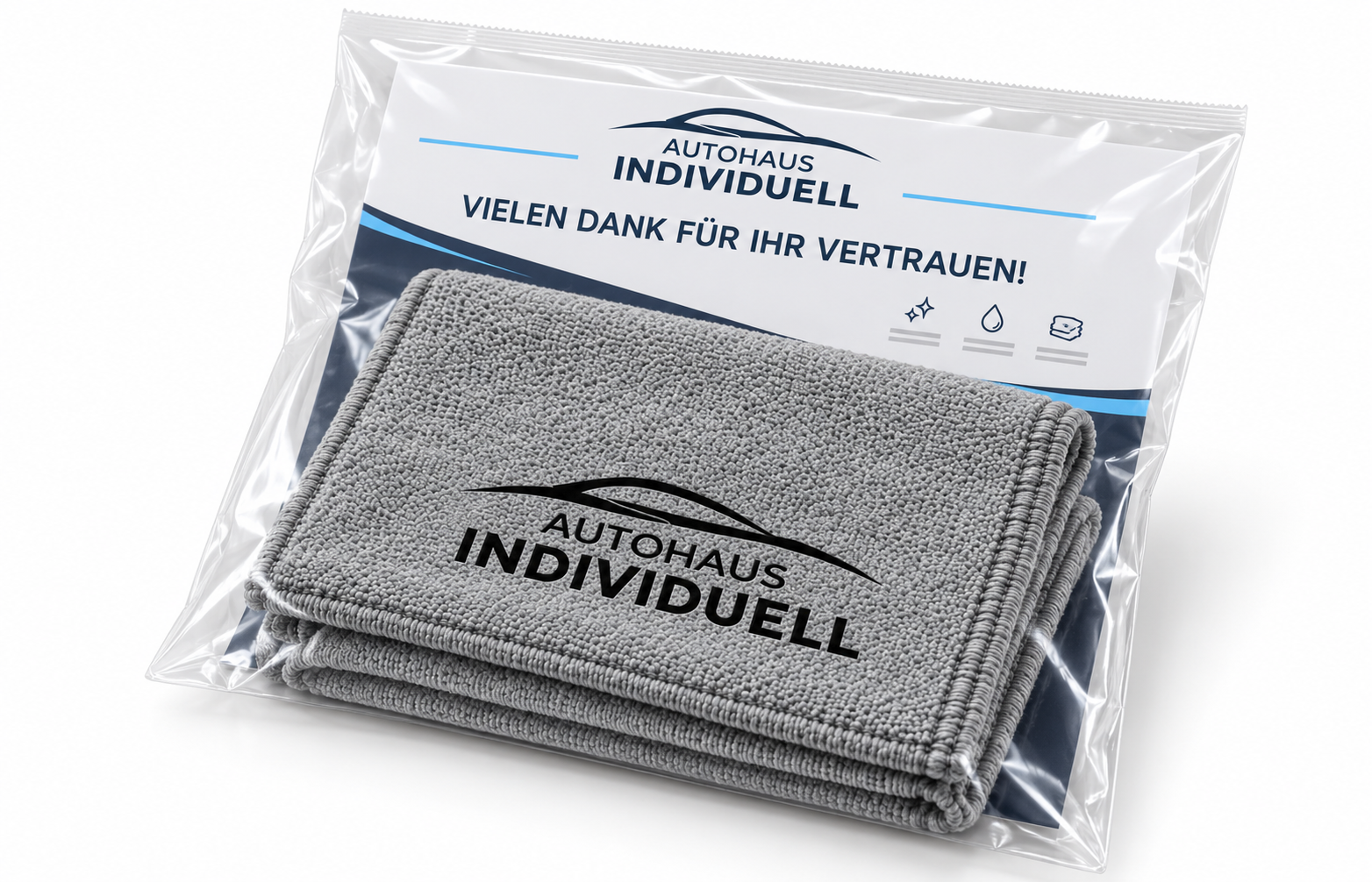 Bedrucktes Microfasertuch im Polybeutel mit Dankeschön-Einleger