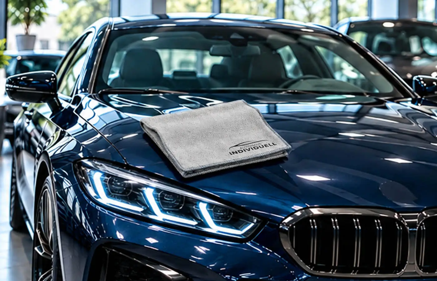 Grau bedrucktes Microfasertuch mit Autohaus-Logo auf der Motorhaube eines dunkelblauen Neuwagens